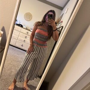 Hem & Thread Coral and Gray Striped Wide Leg Jumpsuit